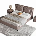 Modern Double Bed With Leather Headboard Nightstand Lamp Beige Quilt And Pillows