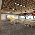 School Student Dining Area With Wooden Grid Ceiling Long Tables Stools And Bookshelves