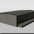 Industrial Warehouse Featuring Gray Roof Corrugated Metal Walls Multiple Roll-Up Doors And Yellow Safety Railings