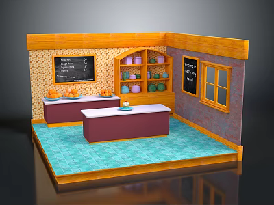 Small Kitchen Interior With Orange Counter Blackboard Menu Colorful Bowls Shelves And Blue Tiled Floor 3d model