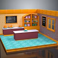 Small Kitchen Interior With Orange Counter Blackboard Menu Colorful Bowls Shelves And Blue Tiled Floor