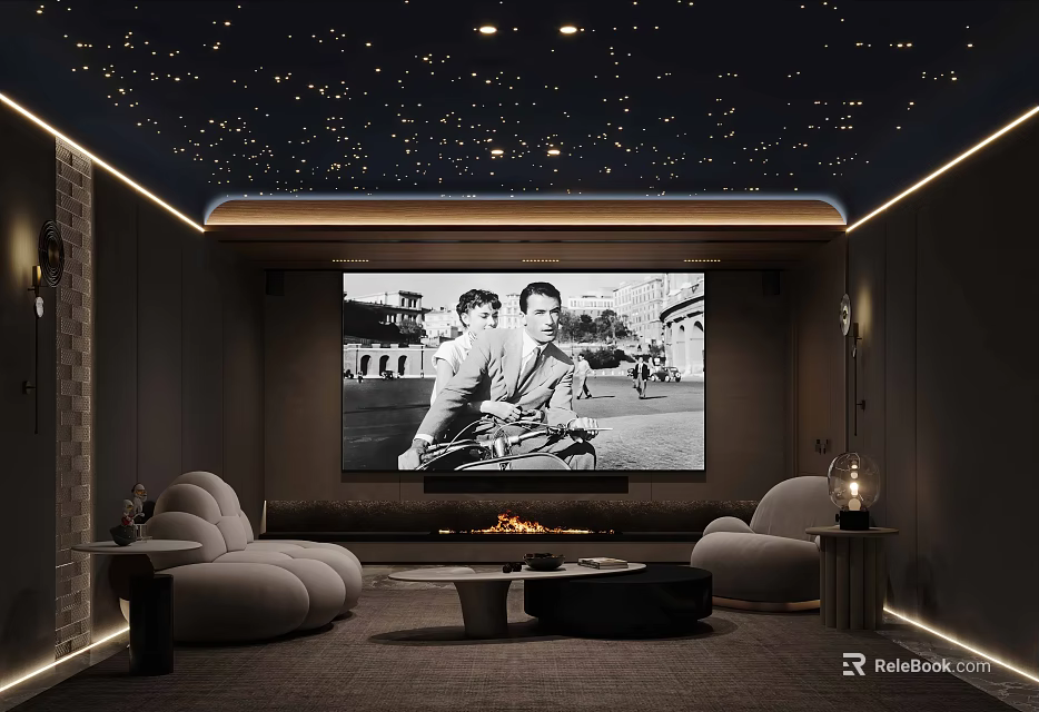 Cozy Home Theater Room With Starry Ceiling Large Screen Sofas And Fireplace 3d model
