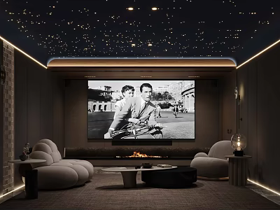 Cozy Home Theater Room With Starry Ceiling Large Screen Sofas And Fireplace 3d model