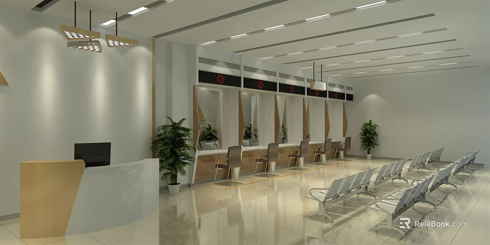 Bank Lobby Interior With Modern Design Service Counters Waiting Area Seats Green Plants And Bright Lighting 3d model 