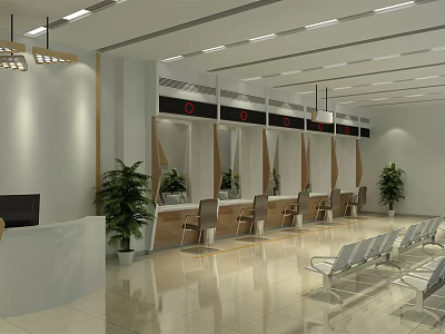 Bank Lobby Interior With Modern Design Service Counters Waiting Area Seats Green Plants And Bright Lighting 3d model