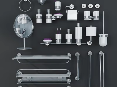 Modern Stainless Steel Bathroom Accessories Including Towel Racks Soap Dishes Toilet Brushes And Mirrors 3d model