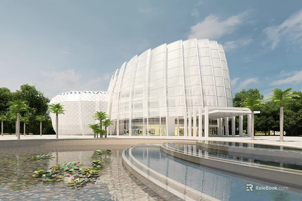 Modern Museum Building With Curved Glass Facade And Pond Surrounded By Greenery 3d model 