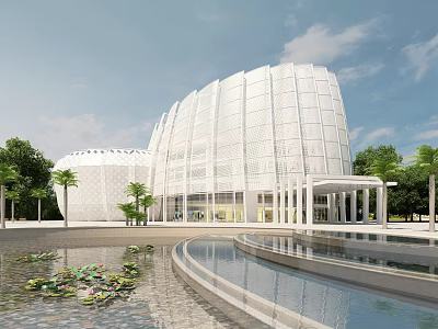 Modern Museum Building With Curved Glass Facade And Pond Surrounded By Greenery 3d model
