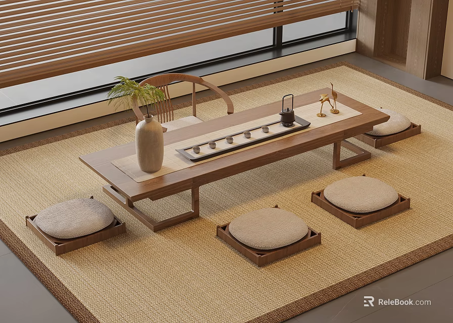 Wooden Tea Table With Floor Cushions And Tea Set Near Window On Natural Rug 3d model 