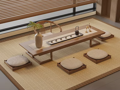 Wooden Tea Table With Floor Cushions And Tea Set Near Window On Natural Rug 3d model