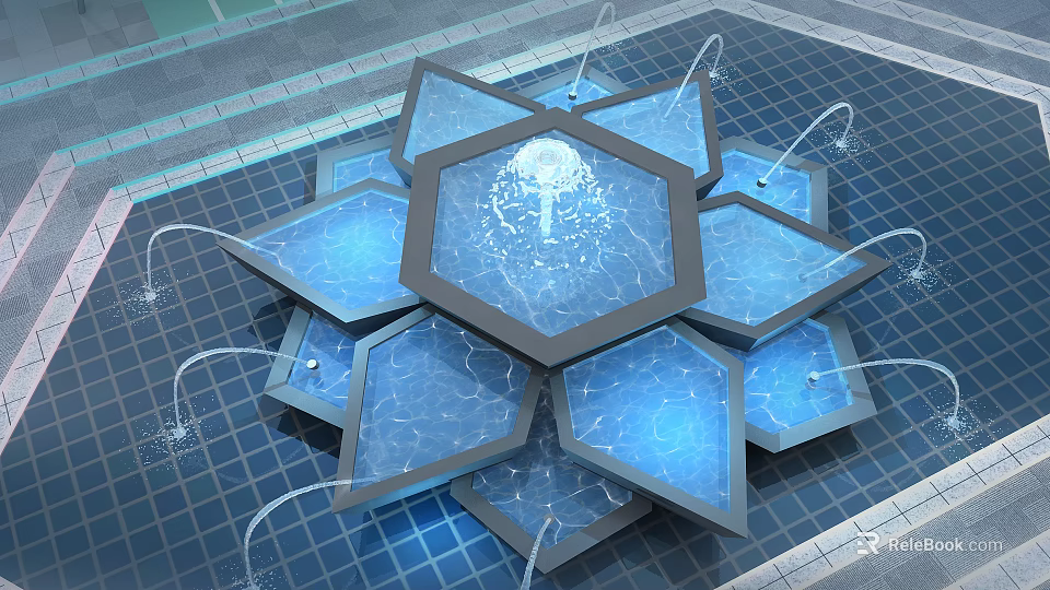 Hexagonal Garden Water Ornament Featuring Blue Pools Flowing Water Jets And Grid Patterned Ground 3d model 