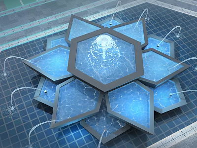 Hexagonal Garden Water Ornament Featuring Blue Pools Flowing Water Jets And Grid Patterned Ground 3d model