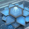 Hexagonal Garden Water Ornament Featuring Blue Pools Flowing Water Jets And Grid Patterned Ground
