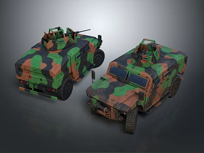 Two Camouflage Military Vehicles With Roof Mounted Weapons And Tactical Design 3d model