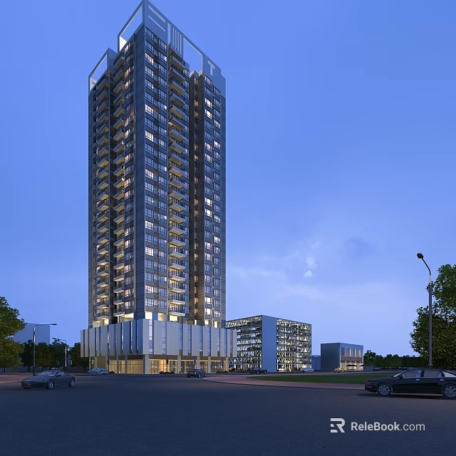 Modern Commercial Complex Tall Building Featuring Glass Facade Evening Lighting and Surrounding Trees 3d model 