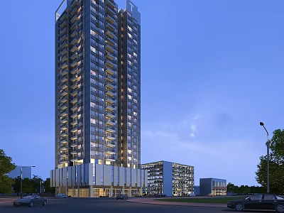 Modern Commercial Complex Tall Building Featuring Glass Facade Evening Lighting and Surrounding Trees 3d model