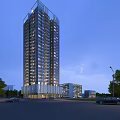 Modern Commercial Complex Tall Building Featuring Glass Facade Evening Lighting and Surrounding Trees