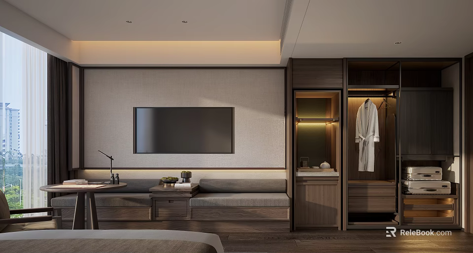 Modern Hotel Guest Room Interior With Wall Mounted TV Upholstered Bench Open Wardrobe And Bathrobe 3d model 