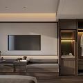Modern Hotel Guest Room Interior With Wall Mounted TV Upholstered Bench Open Wardrobe And Bathrobe