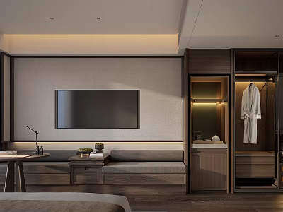 Modern Hotel Guest Room Interior With Wall Mounted TV Upholstered Bench Open Wardrobe And Bathrobe 3d model