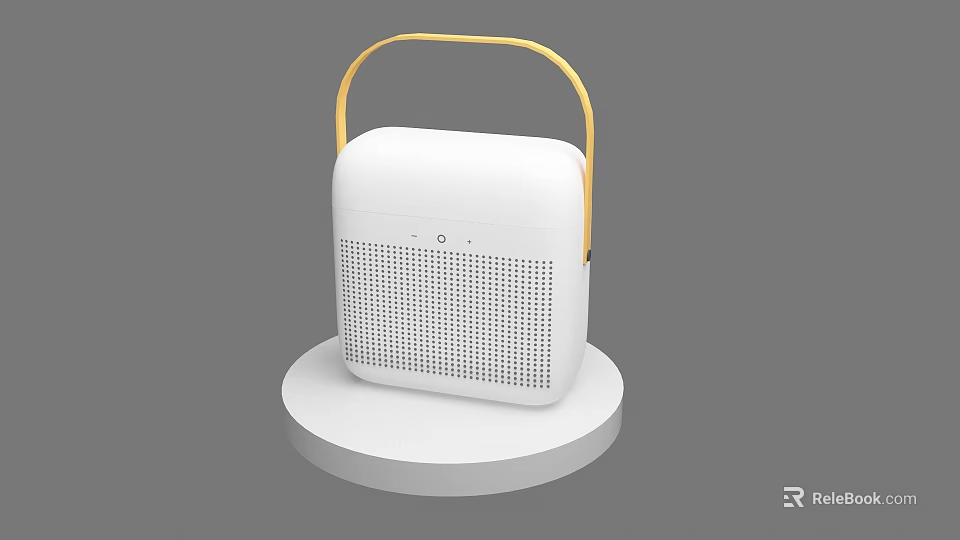 White Portable Bluetooth Speaker With Yellow Handle And Sleek Design On Round White Base 3d model 
