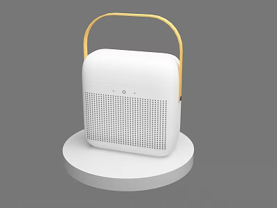 White Portable Bluetooth Speaker With Yellow Handle And Sleek Design On Round White Base 3d model