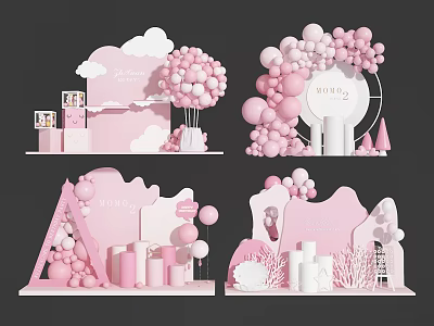 Pink Themed Photo Check-in Spot With Balloons Clouds Round Arch And Gift Boxes 3d model