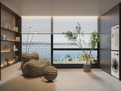 Black and White Striped Armchair in Modern Living Room with Sea View and Green Plant 3d model