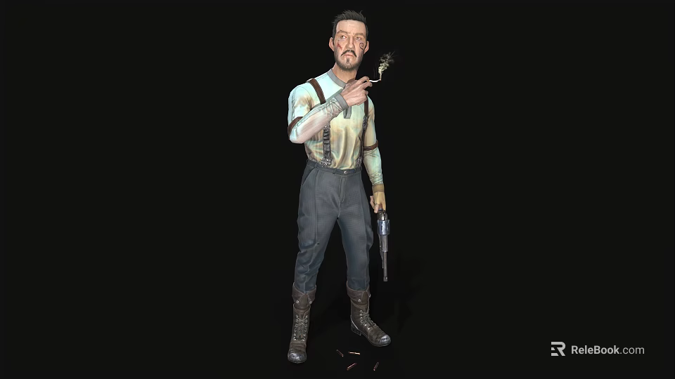 A Man In Suspenders With Light Shirt Tattoos Holding Tool And Gun On Black Background 3d model 