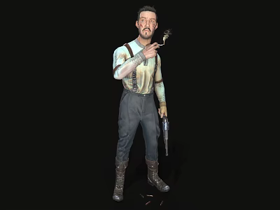 A Man In Suspenders With Light Shirt Tattoos Holding Tool And Gun On Black Background 3d model
