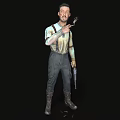 A Man In Suspenders With Light Shirt Tattoos Holding Tool And Gun On Black Background