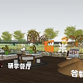 Scenic Park Landscape With Wooden Deck Study Restaurant Grain Corridor Windmill Trees And Ladybug Decorations