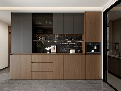 Modern Wooden Sideboard With Glass Display Cabinets Decorative Plants And Coffee Machine 3d model