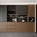 Modern Wooden Sideboard With Glass Display Cabinets Decorative Plants And Coffee Machine
