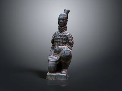 Detailed Ancient Terracotta Warrior Sculpture Kneeling Figure With Armor And Topknot 3d model