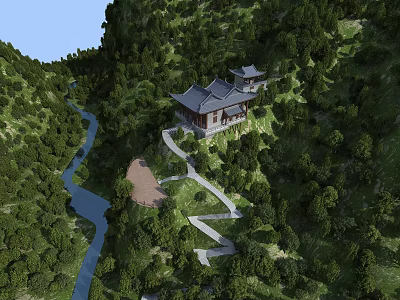 Ancient Architecture Nestled in Lush Mountain Forest With Serene River and Winding Pathway 3d model