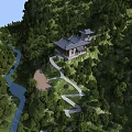 Ancient Architecture Nestled in Lush Mountain Forest With Serene River and Winding Pathway