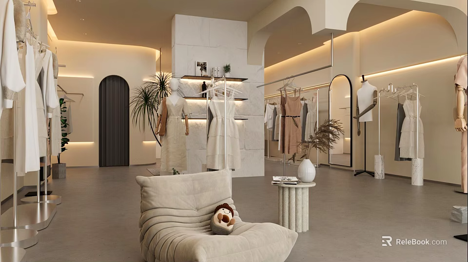 Modern Minimalist Women Clothing Store Interior Design With Warm Ambient Lighting And Neat Garment Displays 3d model 