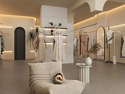 Modern Minimalist Women Clothing Store Interior Design With Warm Ambient Lighting And Neat Garment Displays 3d model