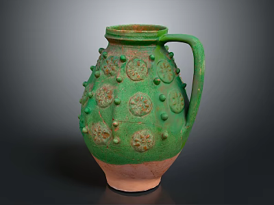 Ancient Ceramic Jug With Green Glaze Bulbous Decorations Circular Patterns And Terracotta Base 3d model