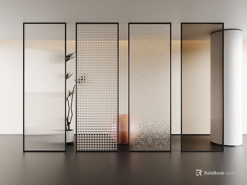 Modern Glass Room Dividers With Textured Patterns And Black Frames In Interior Space 3d model 