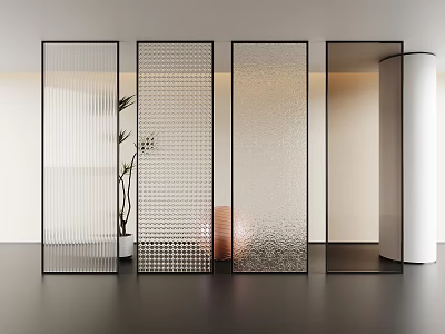 Modern Glass Room Dividers With Textured Patterns And Black Frames In Interior Space 3d model