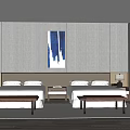 Modern Hotel Guest Room With Two Double Beds Bedside Tables Lamps And Blue White Abstract Painting