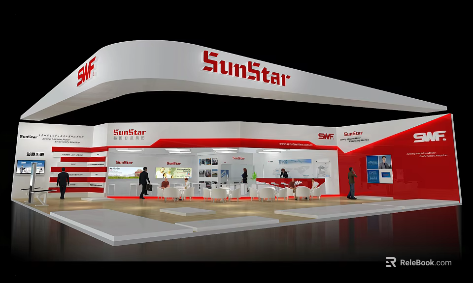 SunStar Exhibition Booth Featuring Red And White Curved Design Display Area Tables And Visitors 3d model 