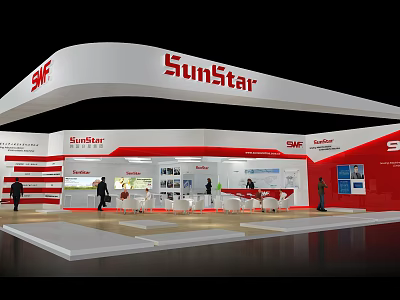 SunStar Exhibition Booth Featuring Red And White Curved Design Display Area Tables And Visitors 3d model