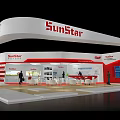 SunStar Exhibition Booth Featuring Red And White Curved Design Display Area Tables And Visitors