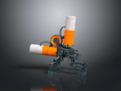 Futuristic Mechanical Weapon With Orange And White Cylindrical Barrels And Metal Base Structure 3d model