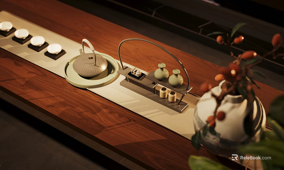 Elegant Traditional Tea Set Arrangement On Wooden Table With Teapot Cups Tray And Vase 3d model 