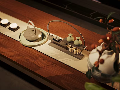 Elegant Traditional Tea Set Arrangement On Wooden Table With Teapot Cups Tray And Vase 3d model