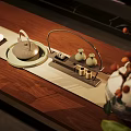 Elegant Traditional Tea Set Arrangement On Wooden Table With Teapot Cups Tray And Vase